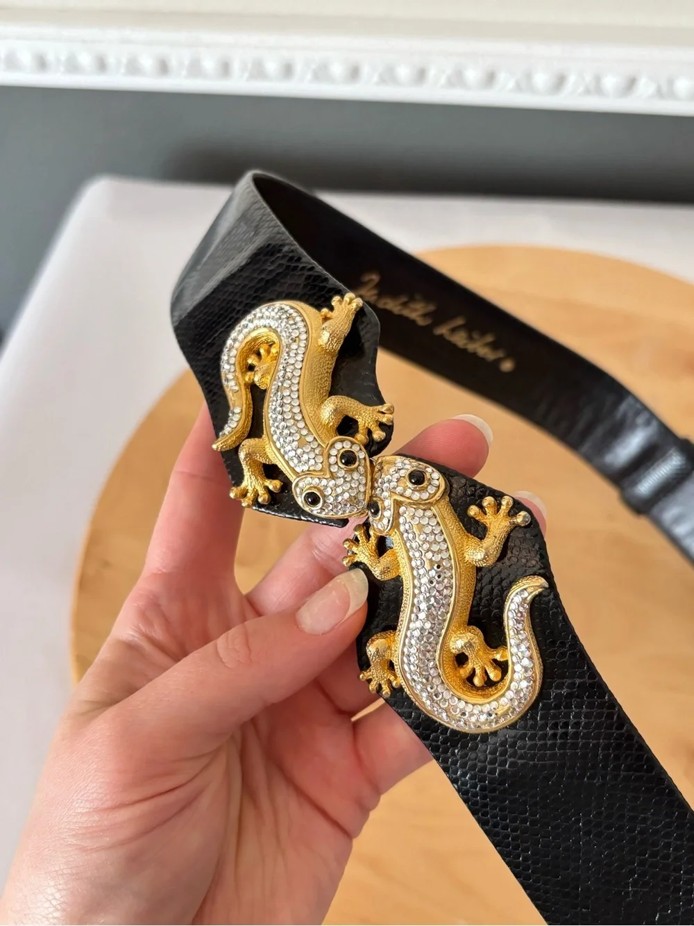 Judith Leiber Black Leather Belt with Gold Swarovski Crystal Lizard Buckle